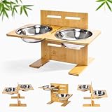 Mora Pets Hundenapf Erhöht Futternapf für Hund mit 4 Höhenverstellbar Futterstation Hunde Napfset aus Bambus Hundebar für Kleine, Mittelgroße, Große Hunde, mit 2 Edelstahl Hundeschüsseln (1,5L x 2)