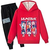 Moollyfox Huntrix Kinder Tracksuit 2-teilig, Fleece Gefüttert Kapuzenpullover + Jogginghose, Cartoon Druck Casual Mädchen Jungen ​Hoodie Sweatshirt mit Kapuzen & Hose Trainingsanzug Rot 4# 100