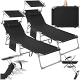 tectake® 2er Set Sonnenliege klappbar und tragbar, Liege mit Seitentasche, Strandliege, Gartenliege mit Dach, Liegestuhl mit Verstellbarer Rückenlehne, Kopfkissen - für Balkon, Terrasse (schwarz)