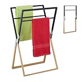 Relaxdays Handtuchhalter klappbar, Handtuchständer mit 4 Stangen, für Hand- & Badetücher, Bambus, Eisen, schwarz/Natur