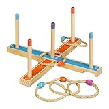 Relaxdays Ringwurfspiel, Holzwurfspiel für Kinder & Erwachsene, mit 5 Ringen, drinnen und draußen, Gartenspiel, bunt, 1 Stück