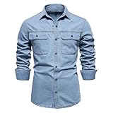 Jeanshemd für Herren, Langarm, Jeanshemd für Herren, Vintage, Reverskragen, mehrere Taschen, Knöpfe, Denim, gewaschen, normale Passform, lässig, modisch, vielseitig, Denim, Top, hellblau, XXL