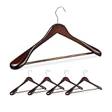 Relaxdays Anzug Kleiderbügel, 5er Set, breite Schulter, 360° drehbarer Haken, mit Hosenstange, Holzkleiderbügel, braun