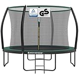 SONGMICS Trampolin 305 cm d, Gartentrampolin für Kinder mit Sicherheitsnetz, 180 cm hohe gebogene Stangen, Randabdeckung, Leiter, Stahlrahmen, schwarz-dunkelgrün STR102C01