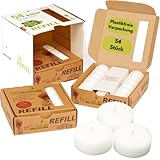 Candelo Eco Refill Teelichter 54 Stück Wachsrohlinge ohne Hülle für wiederverwendbare Teelichthüllen & Windlichter Plastikfrei, geruchsneutral, 6 Std Brenndauer Nachhaltige Vorratspackung