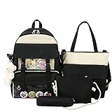 MOGSA Schulranzen-Set, 4-teilig, Damen-Rucksack, Geldbörsen, Segeltuch, Schultasche für Teenager, Mädchen, niedlich, Schulranzen, Schüler, Büchertasche, Rucksack, Handtasche, Schwarz, nur Tasche