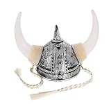 ORFOFE Wikinger Helm mit Hörnern und Zöpfen Kunststoff Roman Helm Karnevals Festivalhut Auffällige Kopfbedeckung für Rollenspiele und Mottopartys Silberfarben für Fasching und