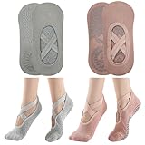 KEYRI Yoga Pilates Socke Rutschfeste Socken für Frauen Mädchen, Grippige Socken BodenSocke Anti-Rutsch Griffe Riemen, Einheitsgröße Atmungsaktive Socke für Fitness Ballett (Pink+Grau)