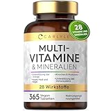 Multivitamin Tabletten Hochdosiert mit 28 Vitamine & Mineralien | 365 Vegane Stk | Immunsystem & Blutdruck (EFSA) | Nahrungsergänzungsmittel Frauen & Männer | Mineralstoffe Komplex | von Carlyle