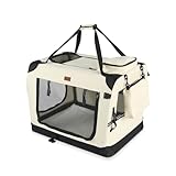 VOUNOT Hundebox faltbar, Transportbox Katze Hunde, Hundetasche, Oxford-Gewebe, Netzstoff, Atmungsaktiv, Transportabel, Metallrahmen, mit Griffen, Taschen, 50x35x36cm S, Beige