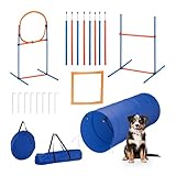 Relaxdays Agility Set, für Hunde, 76-TLG., Hürden höhenverstellbar, Sprungring & Slalomstangen, Tragetasche, blau/orange