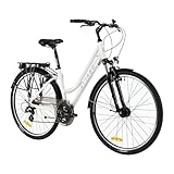ATTABO Trekking Fahrrad Damen mit 19' Rahmen Ergonomischer Lenker V-Brake Bremsen Strapazierfähiges weißes Fahrrad mit 28' Rädern mit niedrigem Heckgepäckträger im Set Fahrradklingel Reflektoren