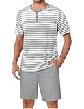 Marvmys Schlafanzug Herren Kurz Streifen Sommer Pyjama Set Baumwolle Nachtwäsche Männer Kurzarm T-Shirt Pyjamahose mit Tasche