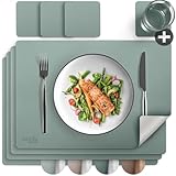 smøla 8-teiliges Tischset aus PU-Leder - inkl. Untersetzer I Platzset Abwaschbar I Platzdeckchen Set in Lederoptik, Tischunterlage für Teller & Gläser I Tischdeko Frühling, Grün/Grau