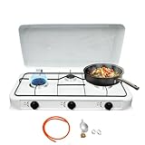 Campingkocher 3-flammig mit Deckel, Tragbarer Gaskocher mit Schlauch & Druckminderer für LPG, 2 X 1,8 kW + 1x 0,8 kW Brenner, Dreiflammiger Kocher für Outdoor Camping Küche, 4,4 kw (Weiß)