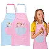 2pcs Malkittel Kinder Mädchen Jungen, 60*45cm Malschürze Kinder Schule Ab 6 Jahre, Wasserdicht Malkittel, Verstellbare Malschürze mit Taschen, Bastelschürze für Basteln Malen Backen -Rosa, Blau