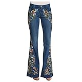 Generisch Schlaghose Damen Jeans Blumen Jeanshosen Schlank Geblümt Bestickt Denimhose Vintage Stickerei Schlagjeans mit Taschen Bootcut Röhrenjeans Hohe Taille Flared Pants Denim Freizeithose