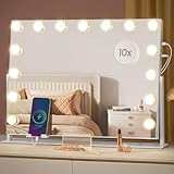 SONGMICS Schminkspiegel mit Beleuchtung, 58 x 43 cm, Kosmetikspiegel mit 15 LED-Glühbirnen, mit Ladeanschlüssen, Touch-Steuerung, 3 Lichtfarben, dimmbar, Handyhalter, mattweiß LWM001W02