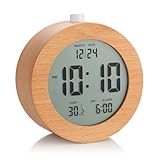 Plumeet Holz Digitalwecker, 10cm Batteriebetriebener Wecker mit Schlummer und Nachtlicht, Elektronische LCD Tischuhr mit Zeit-, Datums-, Temperatur-, 12/24 Stunden-Anzeige, Holzdekor, Rund