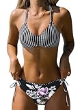 CUPSHE Damen Bikini Set mit Geflochtenen Trägern Blumenmuster Bademode Reversible Bikinihose Zweiteiliger Badeanzug Schwarz XL