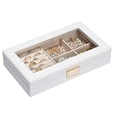 Seelux Schmuckablage, stapelbare Schmuckbox, Schubladen-Schmuckorganizer mit Glasdeckel, herausnehmbaren Trennwänden für die Schminktisch, Geschenkidee für Mädchen und Frauen (Weiß)