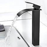 kisimixer Wasserfall Wasserhahn Bad Schwarz Matt, Hoch Wasserfall Waschtischarmatur, Waschbecken Wasserfall Armatur mit Auslauf Höhe 235mm Moderner Mischbatterie Waschbecken für G3/8'' Anschlüsse