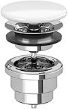 Villeroy & Boch Ablaufventil ohne Überlauf, nicht verschließbares Ventil für Waschtisch, Ablaufgarnitur aus Messing mit Abdeckung aus Keramik, Durchmesser 32 mm, Weiß Alpin