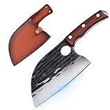 SMITH CHU Hackmesser Serbisches Metzgermesser Handgeschmiedetes Kochmesser Küchenmesser Fleischerbeil Fleisch Gemüse scharfes Ausbeinmesser mit Lederschiede Full Tang Outdoor für BBQ Camping