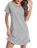 Litherday Nachthemd Damen Kurz Nachtwäsche Streifen Nachtkleid aus 95% Baumwolle Loungewear Negligee Kurze Ärmel Sleepshirt mit 2 Tasche, Dunkelgrau+weiß, M