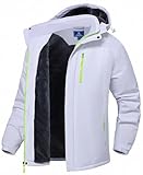 SPOSULEI Herren Winter Fleecejacke Warme Verdickt Gefüttert Skijacke Outdoor Winddicht Wasserdicht Jacke mit Abnehmbarer Kapuze für Wandern Weiß XL
