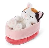 NICI Kuscheltier Sleeping Kitties Katze 12cm, Creme, im rot-rosanen Körbchen