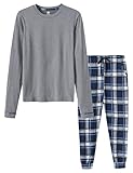 MoFiz Jungen Schlafanzug Lang Pyjama-Set Kinder Weich Niedlich Langarm Shirt und Karierte Schlafanzughose Lang Nachtwäsche Loungewear Hausanzug Set Grau Größe XL (DE 164-176)