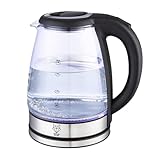 GUSTAV VOSS Wasserkocher Glas, 18/10 Edelstahl Elektrischer Wasserkessel 1,8L mit LED Beleuchtung 1800W 360° Edelstahl Basis, Automatische Abschaltung Mit Literskala Schwarz