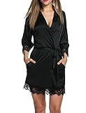 BeautyUU Damen Morgenmantel Kimono Bademantel Satin Nachthemd Nachtwäsche Schlafanzüge Mit Blumenspitze, 1-schwarz, M