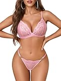 Avidlove Damen Spitze Dessous Set Sexy Unterwäsche Transparent Babydoll Reizwäsche V-Ausschnitt Lingerie Set BH Und Slip Strapsen Nachtwäsche Rosa S