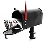 Wiltec Set US Mailbox schwarz 180 x 220 x 480 mm, amerikanischer Briefkasten mit Fahne, Standbriefkasten Stahl amerikanisches Design mit passender Wandhalterung