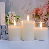 FREEPOWER LED Kerzen Echtwachs 3er Set mit Fernbedienung und Timer – Flackerndes Warmweißlicht, Wiederaufladbar per USB Kabel, Flammenlose Stumpenkerzen Weiß Glas, Ø7,5x10/12,5/15cm