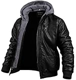 Herren Kunstlederjacke Motorradjacke Wasserdicht Winddicht PU Moto Oberbekleidung Vintage Bomber Hoodie mit Abnehmbarer Kapuze, Schwarzes Licht, 5X-Large