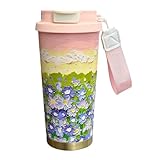 Reisebecher – Kaffeebecher | Becher für Kaffee | 500 ml offener Deckel | Blumenmuster doppelte Trinkmodi Wasserflasche mit Umhängeband | auslaufsicherer Becher für heiße oder kalte Getränke, Camping