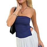 Trägerloses, seitlich geschlitztes Bandeau-Top für Damen, ärmellos, rückenfrei, schlanke Passform, Röhrenoberteil, asymmetrischer Schlitzsaum, Y2K-Sexy-Tank-Bustier zum Ausgehen (Navy Blue , S )