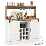 COSTWAY Küchenschrank mit Ladestation, Buffetschrank mit Arbeitsplatte, Schiebetüren, herausnehmbarem Weinregal, Glashaltern, Aufbewahrungsschrank für Küche Esszimmer Wohnzimmer