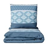 Leonado Vicenti Feinbiber Bettwäsche mit Ornamentmuster in Blau & Weiß 155x220 cm + 80x80 cm Kissenbezug mit verdecktem Reißverschluss