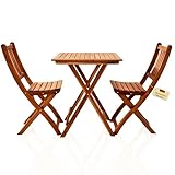 Loreno 3-TLG. Gartenmöbel Set 60x60 cm – Blossom – Klappbar, massives Akazienholz, 1 Tisch + 2 Gartenstühle – Perfekt als Balkonmöbel, Gartenmöbel aus Holz für kleine Gärten, Terrassen & wenig Platz