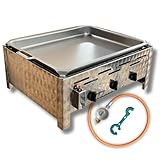 Edelstahl Gastrobräter 3-flammig mit Pfanne – Made in Germany | inkl. Gasschlauch, Druckminderer & Gasflaschenschlüssel | Gasbräter | Gastro Gasgrill | Camping-Tischgasgrill