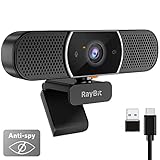 RayBit 3-in-1 Webcam - 2K HD Webcam mit Mikrofon, Lautsprecher und Abdeckungen, Klarer Stereo-Sound & Belichtungskorrektur & Autofokus, USB Web Kamera für Desktop Computer/PC/Laptop/Zoom/Skype/Teams