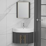 WOTZOV Eckwaschbecken zur Wandmontage, bodenstehendes Eckwaschbecken, wandhängendes schwimmendes Waschbecken aus Porzellankeramik, Badezimmerwaschbecken mit Aufbewahrungsbe，Grey 48cm/19in