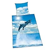 Herding Delfine Bettwäsche, Kopfkissenbezug ca. 80x80 cm, Bettbezug ca. 135x200 cm, mit leichtläufigem Markenreißverschluss, 100% Baumwolle, Renforcé