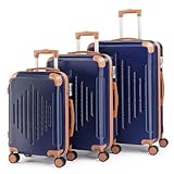 LEADZM Kofferset 3 teilig, Reisekoffer Set mit Eckenschutz, Koffer Set Hartschalen-Trolley aus ABS mit Teleskopgriff, Handgepäck, Kontrastfarben-Design (Dunkelblau)