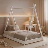 ALAVYA HOME® Kinderbett Tipi Bodenbett 70x140 cm Luna – Zeltbett mit Lattenrost I Spielbett aus Kiefernholz, Bodenbett-Design im skandinavischen Stil (Weiß - ohne Matratze)