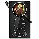 Karinear Induktionskochfeld 2 Platten Einbau mit Knopf, Induktionsfeld 2 Zonen mit Stecker, 30cm Kochfeld Induktion mit Drehknopf-Steuerung, 9 Leistungsstufen, Überhitzungsschutz, 3500W, 220-240V